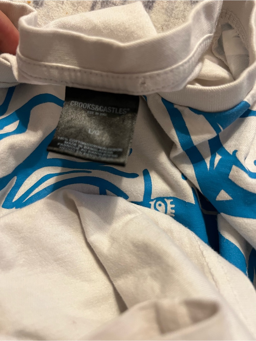 Crooks & Castles White Tee with Bright Turquoise Graphic - Picture 4 of 4